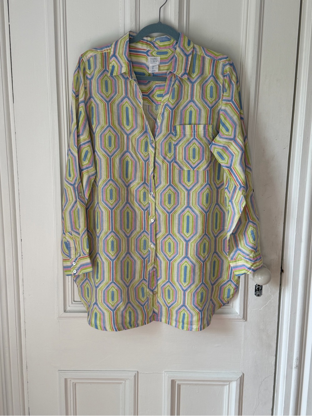 Sigrid Olsen Linen V neck Ling Sleeve Hexagonal Pattern Shirt/Dress Large